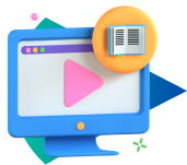 Ícono de una pantalla con video en reproducción y un ticket, representando las clases en vivo que ofrece la Academia Pitágoras para una interacción dinámica y en tiempo real en la preparación universitaria